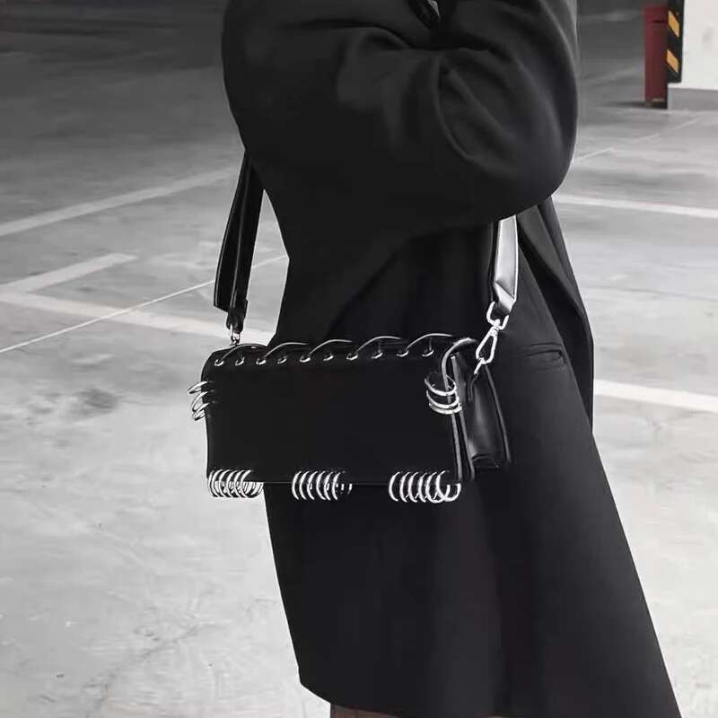 Moto & Biker Black Square Bags For Women Designer Handbags And Purse 2024 New In Long Style Round Ring Decorate Shoulder