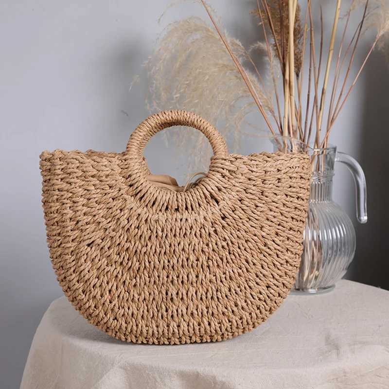 Summer Half-moon Straw Bag For Women Handmade Portable Handbag Large Capacity Beach Bag Basket Woven Top-handle Bag Purse Totes