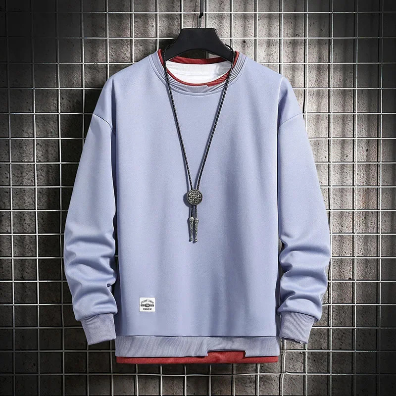 spring Mens Casual Sweatshirts Fashion Fake Two Pieces O Neck Hoodies Men Harajuku Streetwear Tops Autumn Male Sweatshirt 250224