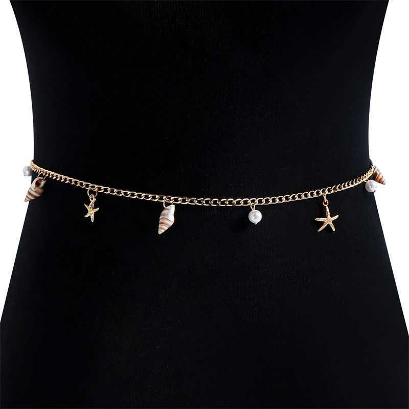 Bohian Beach Starfish Conch Shell Waist Link Chain For Women Imitation Pearl Sea Star Tassel Body Chain Bikini Body JewelryXJ250224