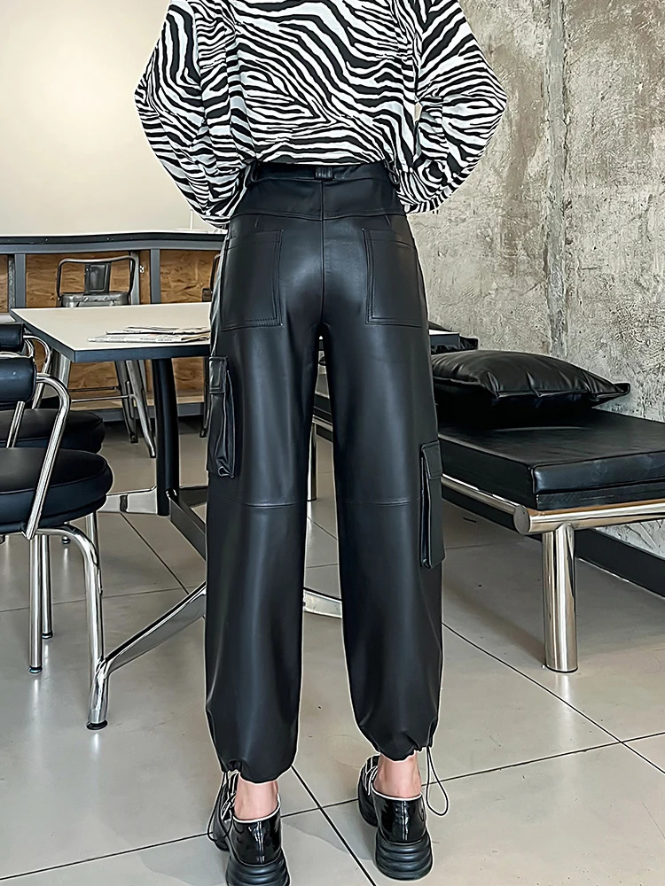 Adjustable hems wide leg leather pants for Women genuine leather pants Sheepskin loose safari style Radish pants Y4443 250224
