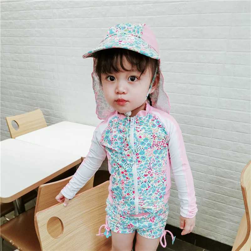 1-14Y Girls Swimwear Flower Children Two Pieces Rash Guard Full Sleeve Sun Protected Zipper Up Closure Separate Girls Swimsuits X250224