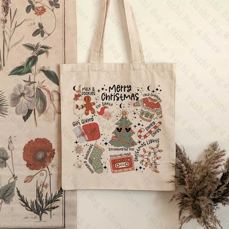 Merry Christmas Pattern Canvas Tote Bag Santa Claus Christmas Elements Graphics Best Gift for Xmas Womens Reusable Shopping Bag Z250224