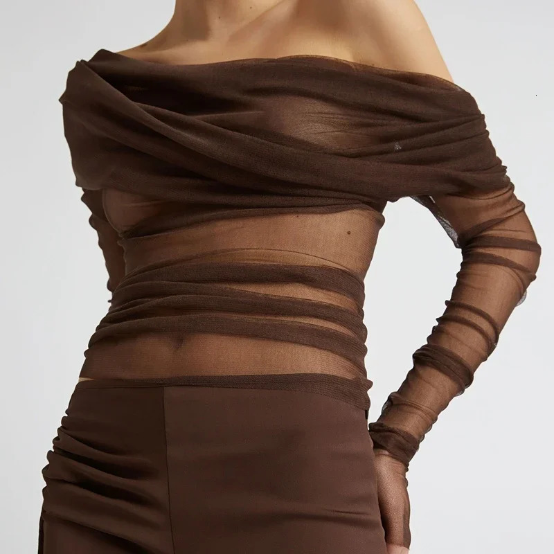 Mesh Sheer Crop Tops Korean Elegant Off the Shoulder T-shirt Chic Women Long Sleeves Slim Fit Cover-Ups Tees 250224