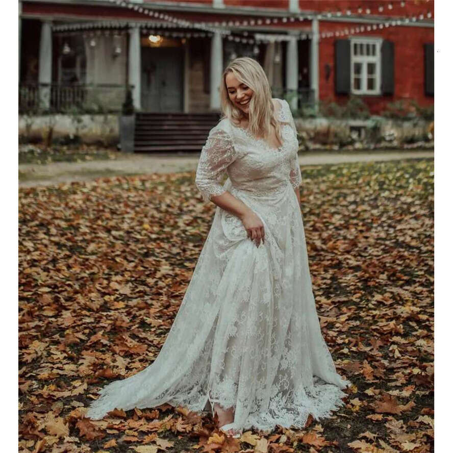 Lace Wedding Dresses Boho Bridal Gowns Plus Size V-Neck Backless 3/4 Long Sleeve Bohemian Bride Dress Simple Vestidos De Novia
