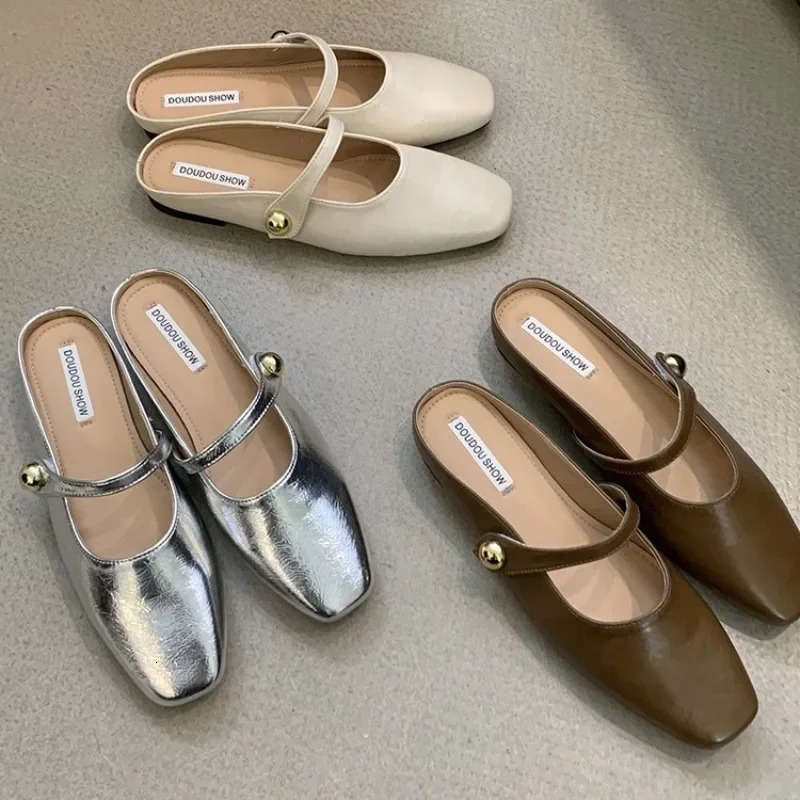 Soft Leather 2024 Ins Silver Buckle Strap Casual Shoes Fashion Flats Elegant Glitter Metallic Mules Shoes Cover Toe Slippers250225