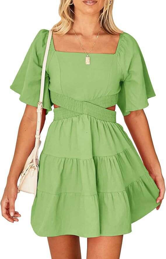 European American Spring/Summer New Women's Solid Color Elastic Waist Fresh And Sweet Square Neck Short Dress
