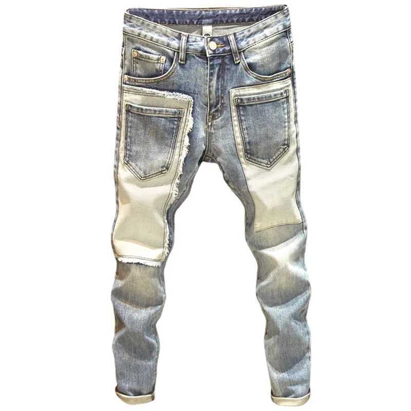 Men's Jeans Mens Jeans Long Pants Denim Pencil Pants Splice Simple Straight Trousers Slim Fit Casual High Waist Sheath Pocket Button Winter z2502