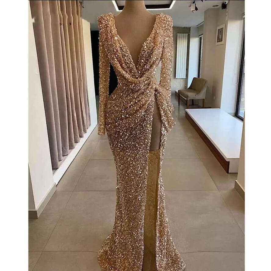 Sparkly Sequined Evening Dresses For Women Sexy High Split V Neck Prom Formal Ocn Party Gown Mermaid Vestido De Fiesta