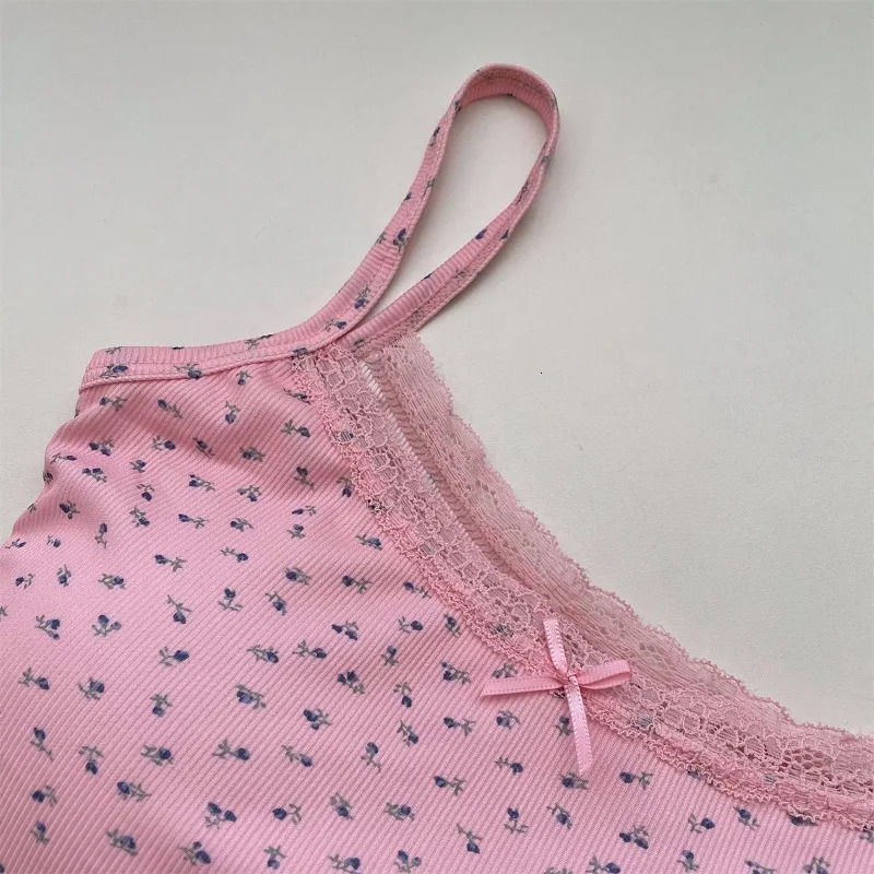 Summer Print Crop Tops for Women Bow Lace Camisole Sexy Backless Vest with Padded Basic Tank Top Bm Style Camis Y2k Streetwear 250224