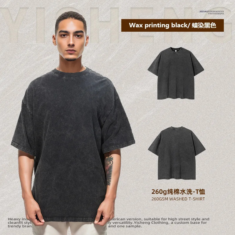 500G Heavy Pure Cotton American Retro Batik Washed Distressed T-shirt Fashion Mens Loose Couple Short Sleeve 250225