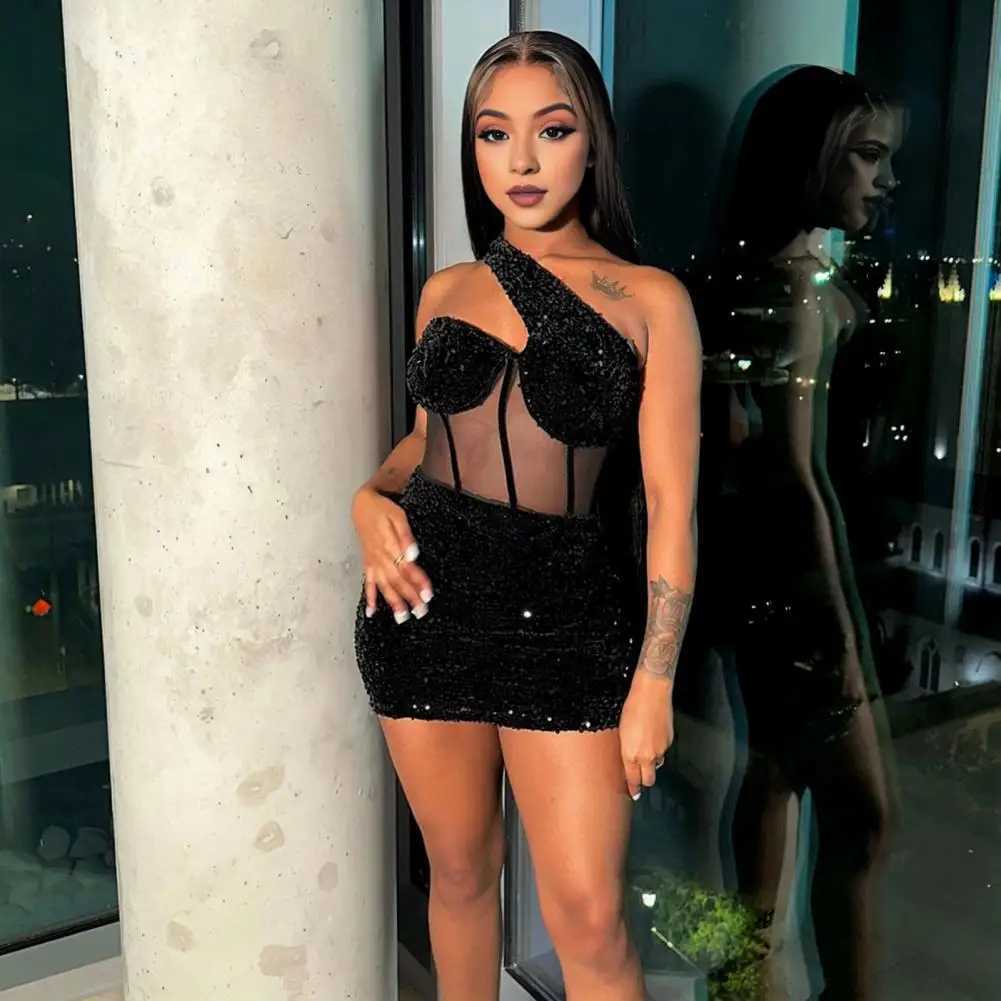 Short Sequin Dress With One Shoulder Sequin Mesh Mini Dress for Women Slim Fit Club Cocktail Party Prom Sheath DressXJ250224