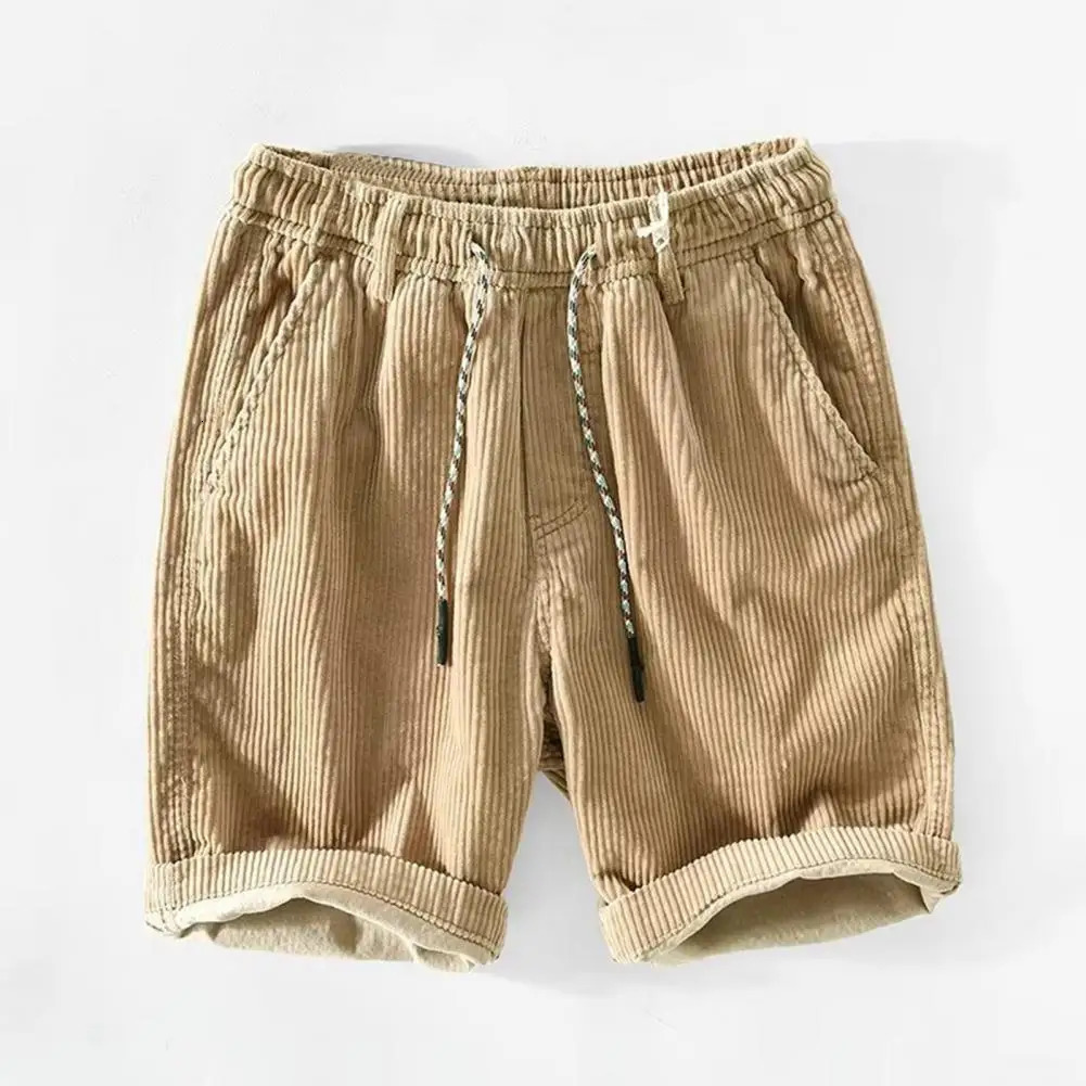 Men Shorts Stylish Mens Elastic Waist Corduroy Beach Shorts with Pockets Wide Leg Drawstring Shorts for Summer Adjustable Solid 250225