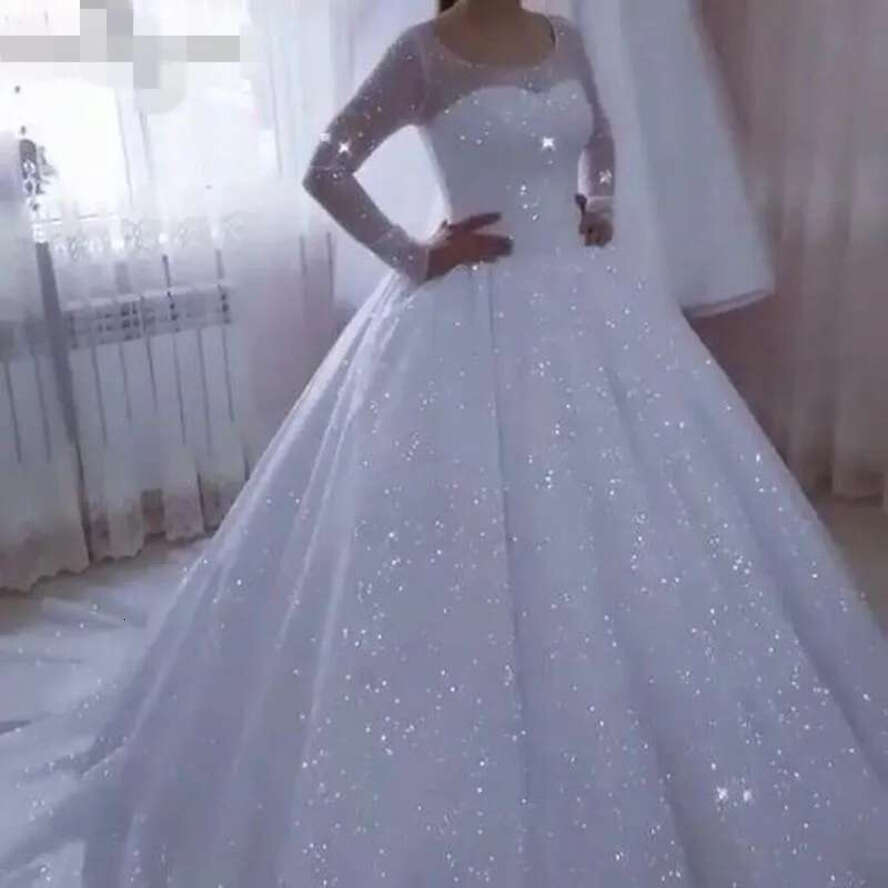 Sparkly Ball Gown Dresses Vestido De Noiva Long Sleeve Plus Size Princess Wedding Gowns Glitter White Sequins Bridal Dress For Women Robe Mariee