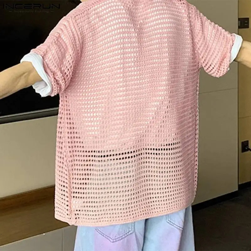 INCERUN Mens Shirts Patchwork Mesh Hollow Out Transparent Lapel Short Sleeve Mens Clothing Streetwear Fashion Shirts S-5XL 250222