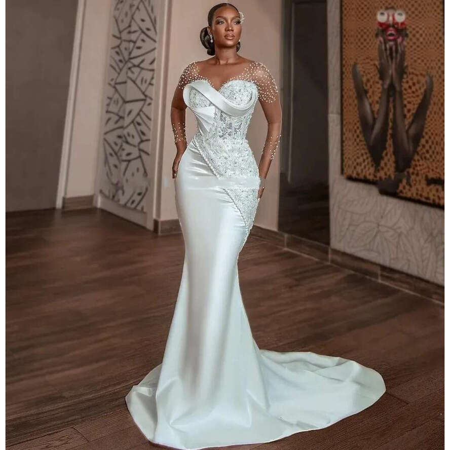 African Satin Mermaid Wedding Dress 2024 For Bride Sheer Neck Long Sleeve Appliques Beading Bridal Formal Gowns Civil Vestidos De Noivas