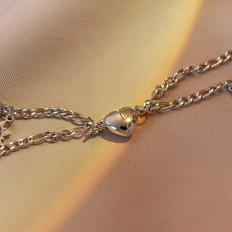 2PCS Stainless Steel Non Fading Hip Hop Bracelet Magnet Sun Moon Bracelet Suitable for Couples Girlfriends and Simple Handmade JewelryXJ250225