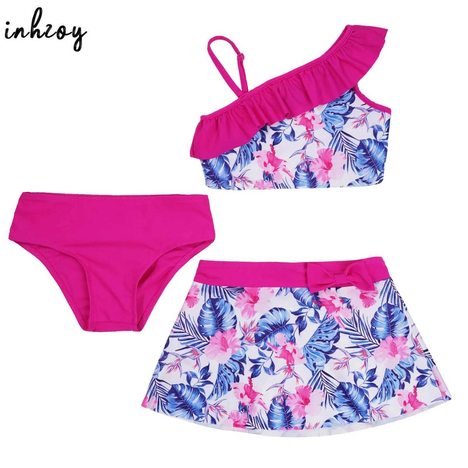 3Pcs Swimsuit Girls Oblique Cut Out Shoulder Swimwear Beachwear Crop Tops with Bikini Briefs and Skirts Tankini Bathing Suit X250224