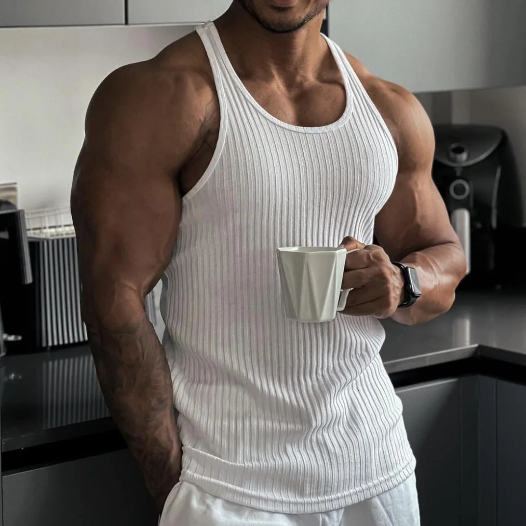 Pit Stripes Knitted Y Back Fitness Tank Tops Mens Bodybuilding Stringer Singlets Slim Fit Muscle Sleeveless Shirt Gym Clothing 250224