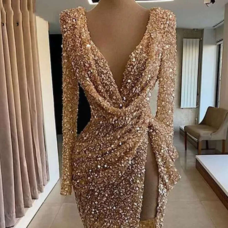 Sparkly Sequined Evening Dresses For Women Sexy High Split V Neck Prom Formal Ocn Party Gown Mermaid Vestido De Fiesta