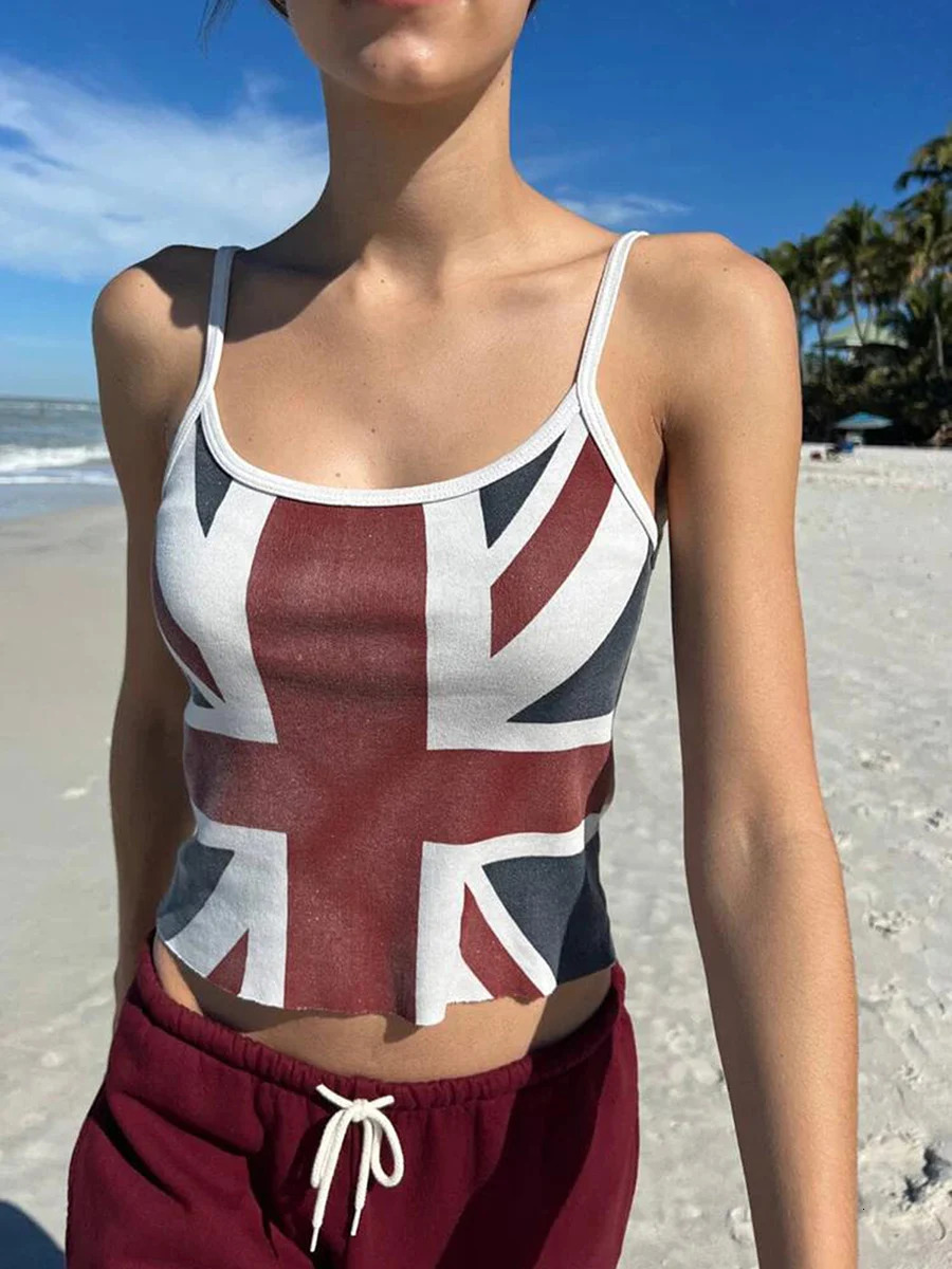 Women Spaghetti Strap Union Jack Cami Top Sleeveless U Neck Low Cut Basic Fitted Crop Tank Top British Flag Print Camisole Vest 250225