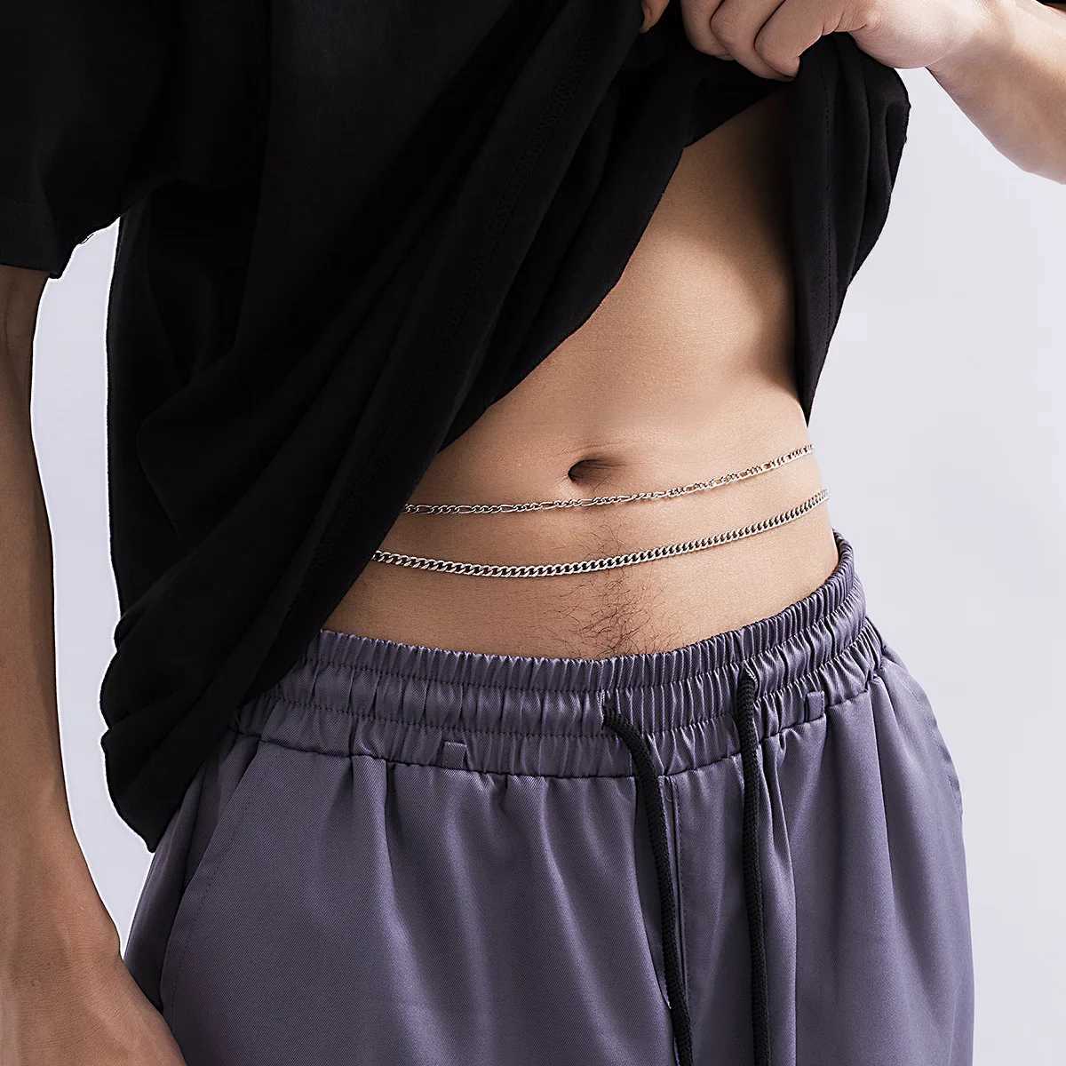 Mens Simp Double layer Metal Wire Waist Chain Metal Abdominal Muscle Body Chain Jewelry Stainless Steel Chain Waist PunkXJ250224
