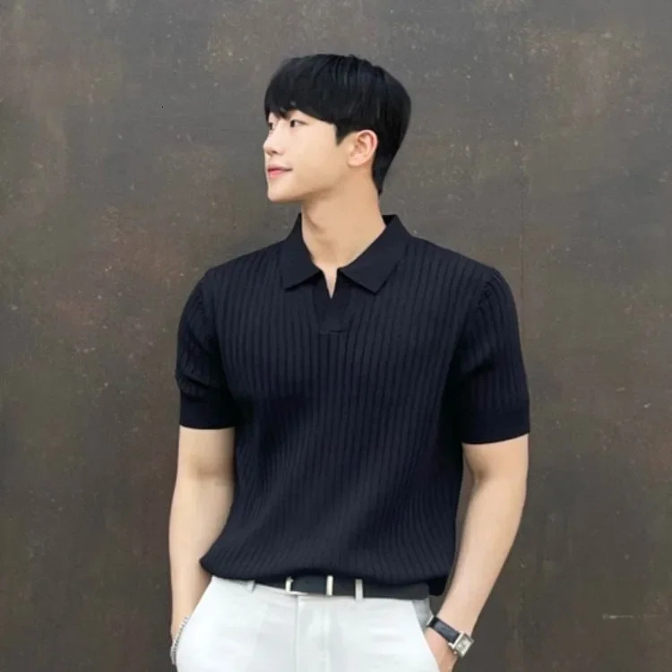 Trendy Polo Shirt For Men Summer Solid Color Top Versatile Knit Style Korean Short Sleeves Casual Fashion T-shirt 250318