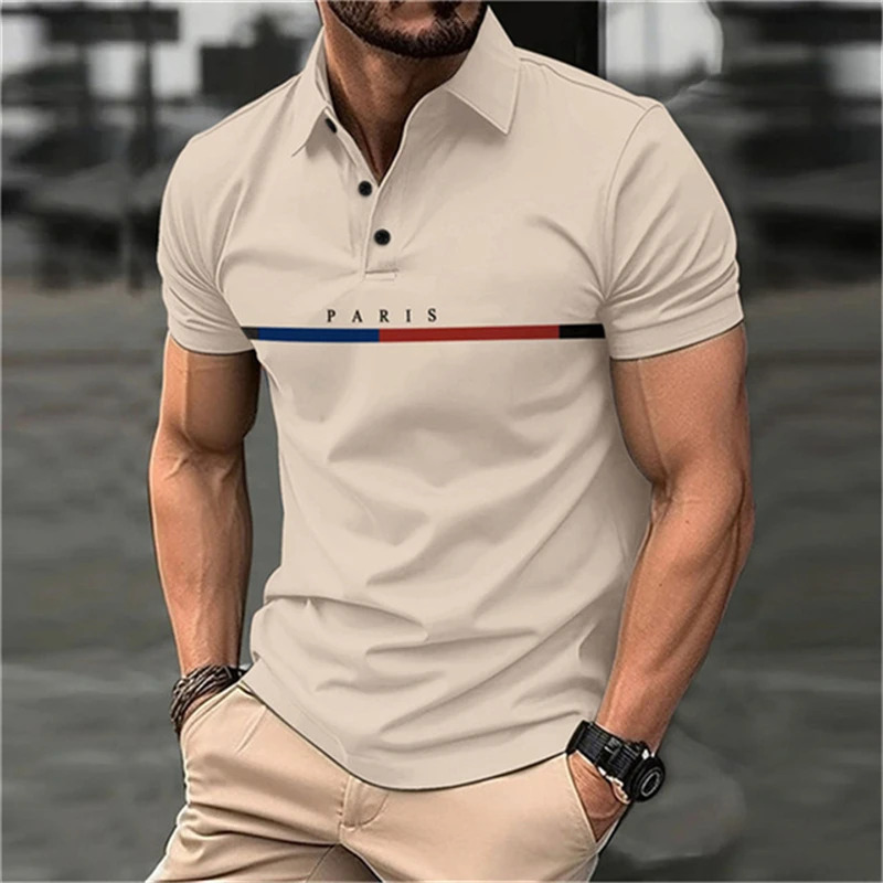 3D Printed Letter Men Polo T-shirt Fashionable Street Lapel Button Up Shirt Breathable and Comfortable Short Sleeve O-neck Top 250225