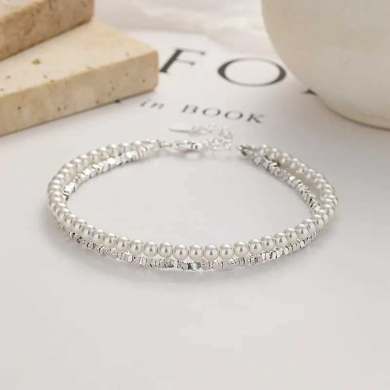 925 Sterling Silver Bracelet Double Layer Pearl Bracelet for Women Girl Vintage Luxury Design Bead Korean Jewelry Charm BraceletXJ250225