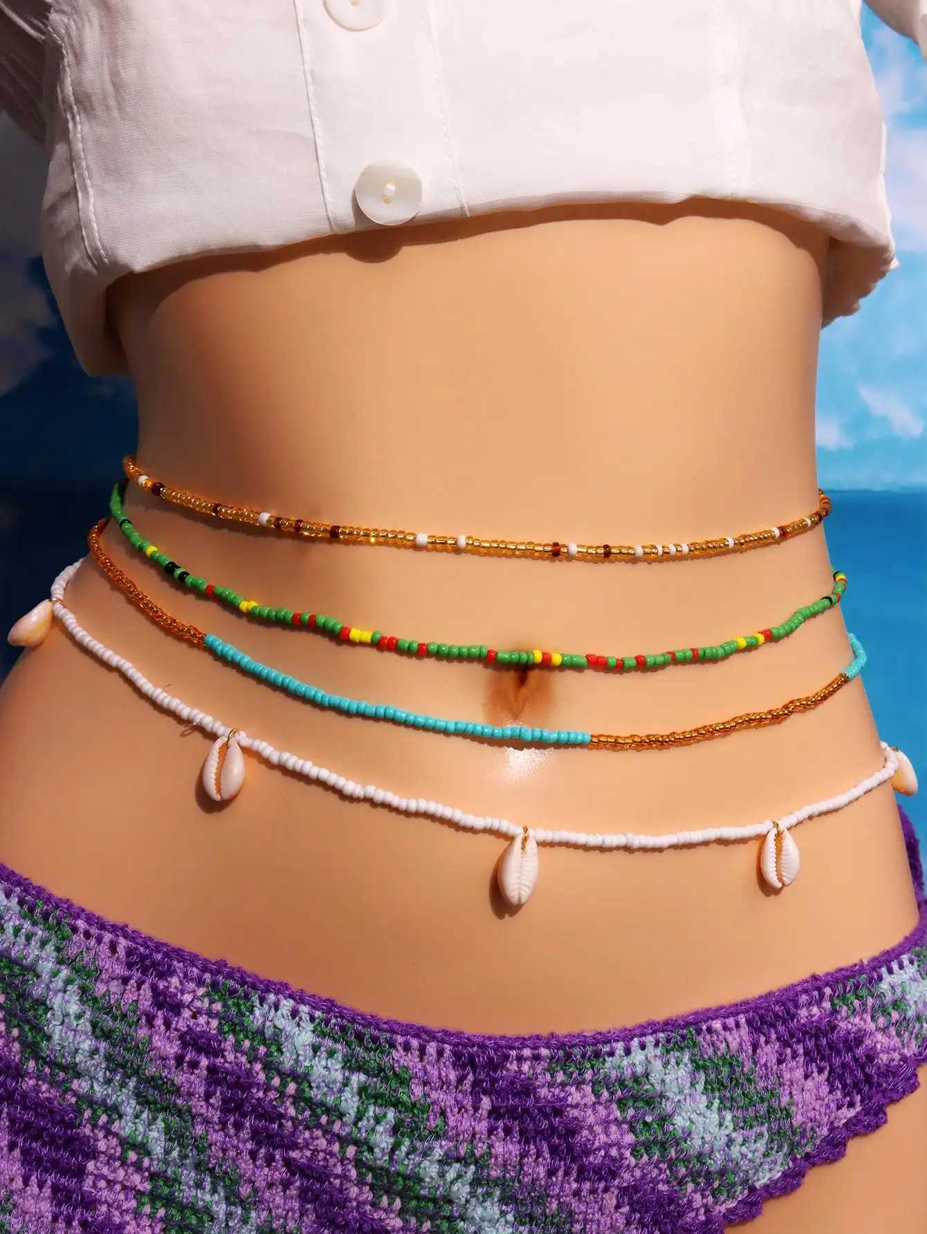 HUANZHI Blue Green Colored Rice Bead Shell Waist Belly Chain for Women Summer Beach Vacation Sexy Fashion Jewelry Gifts 2024XJ250224