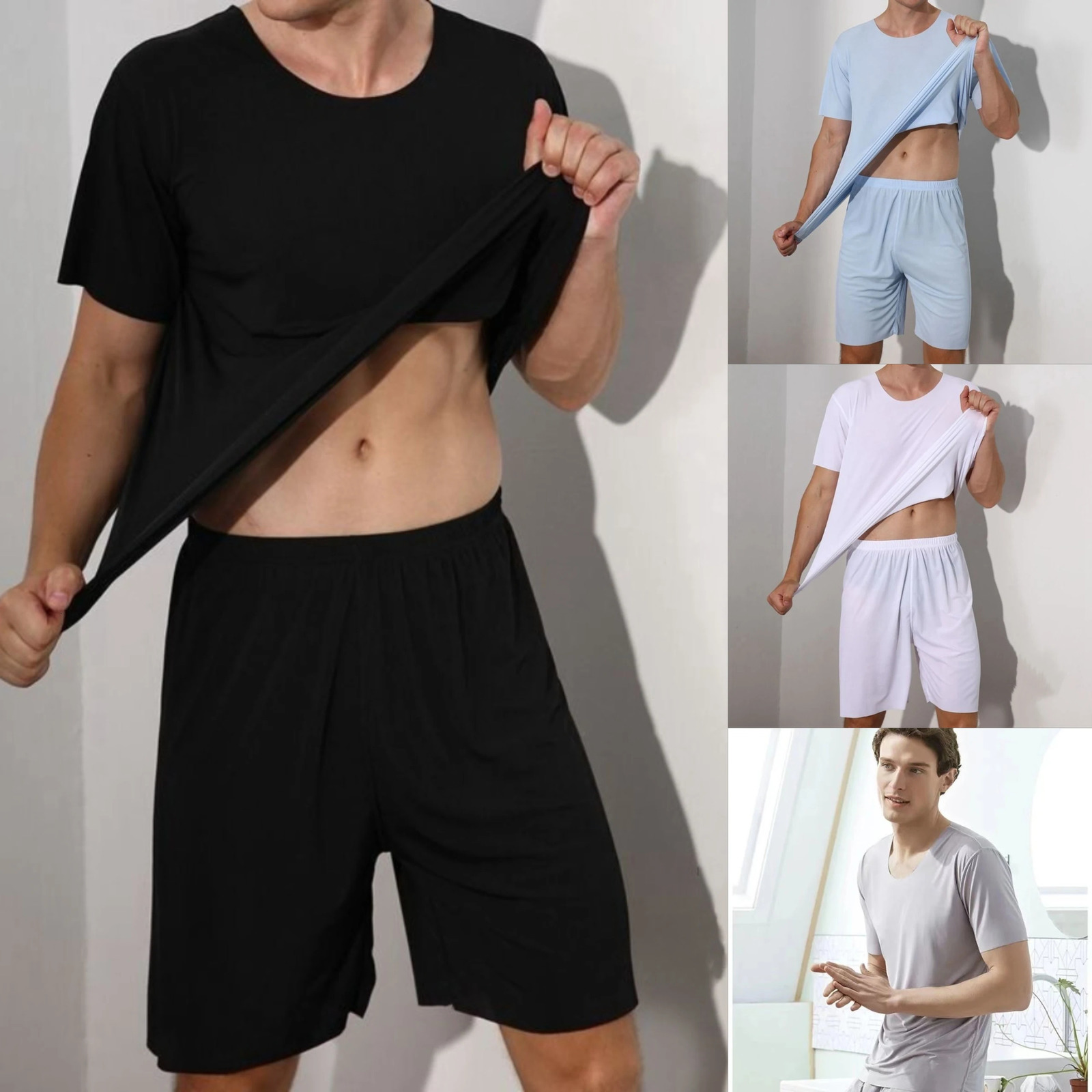 Mens Two-Piece Ice Silk Pajamas Mens Summer Thin Modal Short-Sleeved Pajamas Homewear Mens Large Size Pajamas Homewear Set 250224