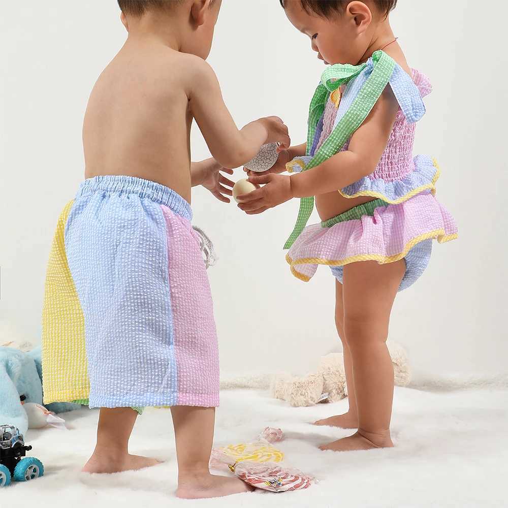 Little Girls Summer Swimwear Two Piece Cute Patchwork Seersucker One Piece Trunks For Boys Beach Sleeveless X250224