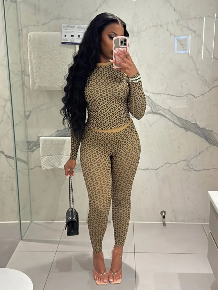 2025 Elegant Printed Round Neck Bodycon Tops Sets Womens Chic Slim Fitted High Waist Tight Trousers Suit Lady Street Outfit 250224