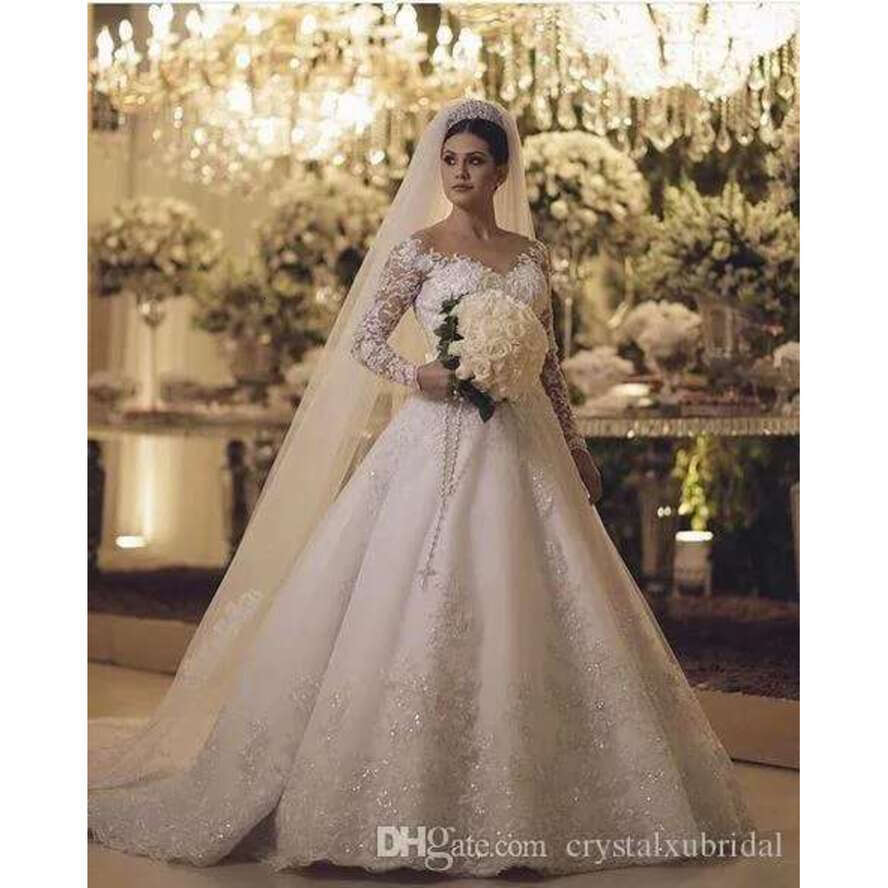 Arabic New Long Sleeves A E Wedding Dresses Jewel Neck Lace Appliques Crystal Beaded Sheer Back Chapel Train Plus Size Bridal Gowns