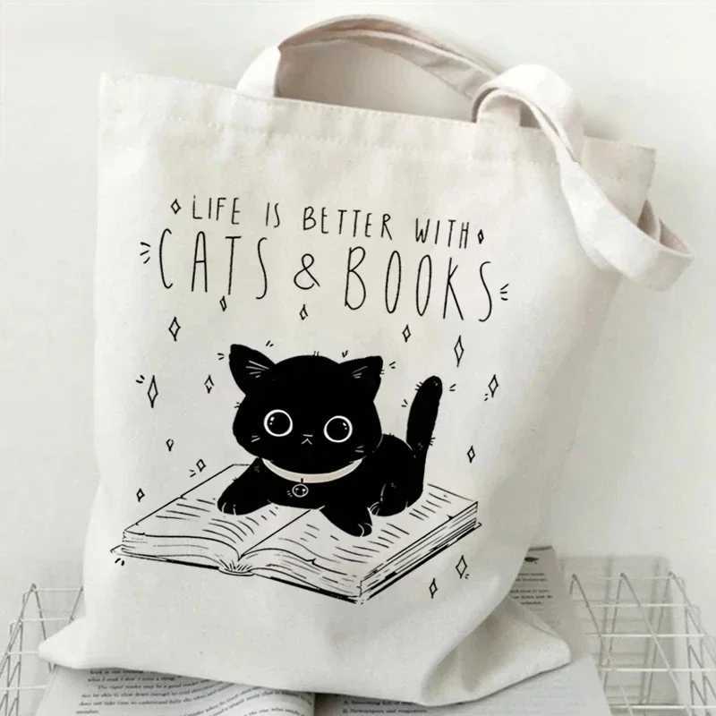 Life Is Better with Books Canvas Tote Bag Women Cute Shopping Bags Student Literary Book Shoulder Bag Cartoon Handbag Z250224