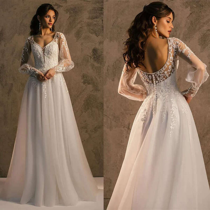 Simple A E Women Wedding Long Sleeves Backless Bridal Gowns Lace Appliques Sweep Train Dress Custom Made Vestidos De Novia