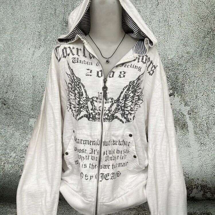 American printed graffiti zipper hoodie Harajuku dark hooded casual jacket for women vintage Gothic