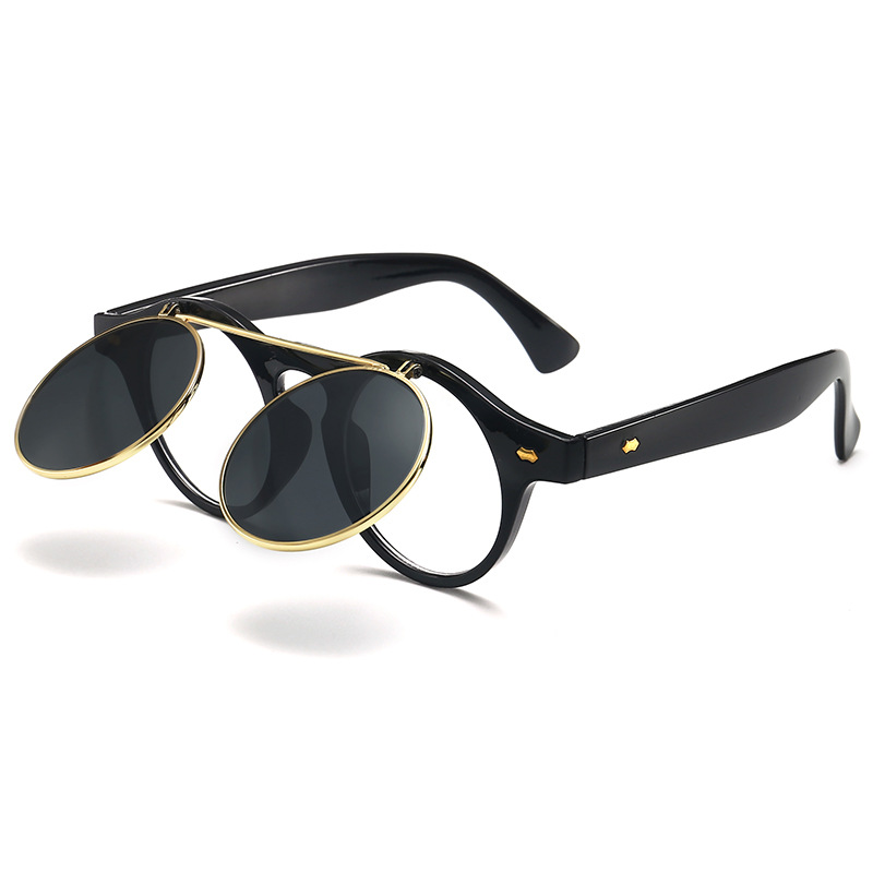 Retro flip-top sunglasses; punk steam round double-layer sunglasses; European and American trend sunglasses.