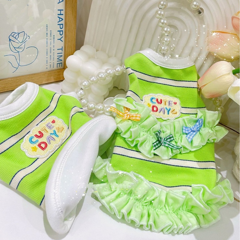 Green White Stripe Cotton Dog Dress with Embroidered Letters,Casual and Comfortable Puppy Dress, Flared Skirt for Pomeranian, Bichon Small Medium Dogs