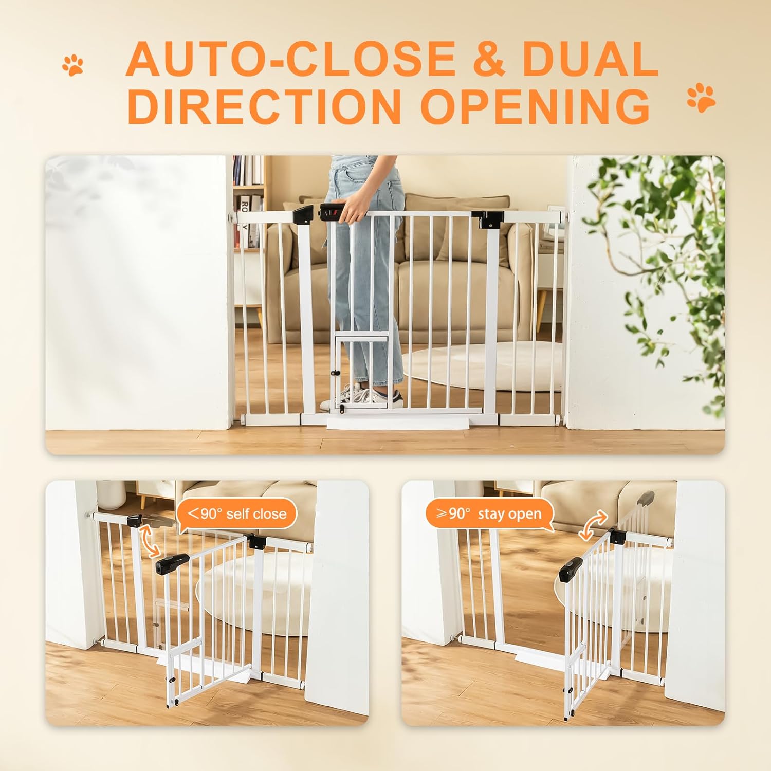 Pet Gate Dogs, Dog Gate Indoor with Cat Door Walk Through Auto Close Pet Gate for Stairs Safety Gate Doggy Gate Pressure Mounted Kit Included