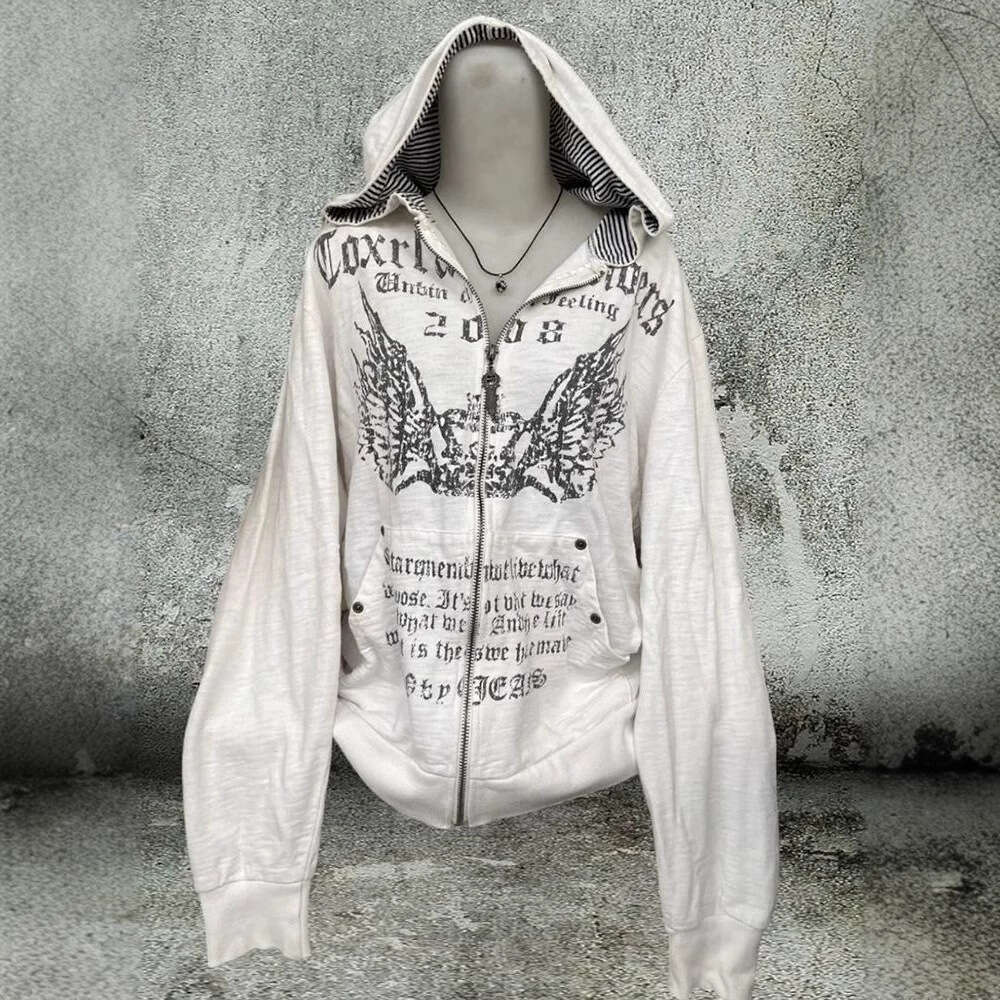 American printed graffiti zipper hoodie Harajuku dark hooded casual jacket for women vintage Gothic