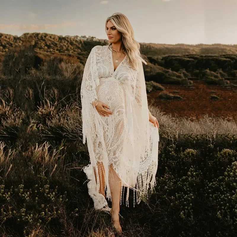 Boho Lace Maternity Photography Props Dresses Free Size Adjustable Pregnancy Photo Shoot Bohemian Long Dress Sides Slit X250224