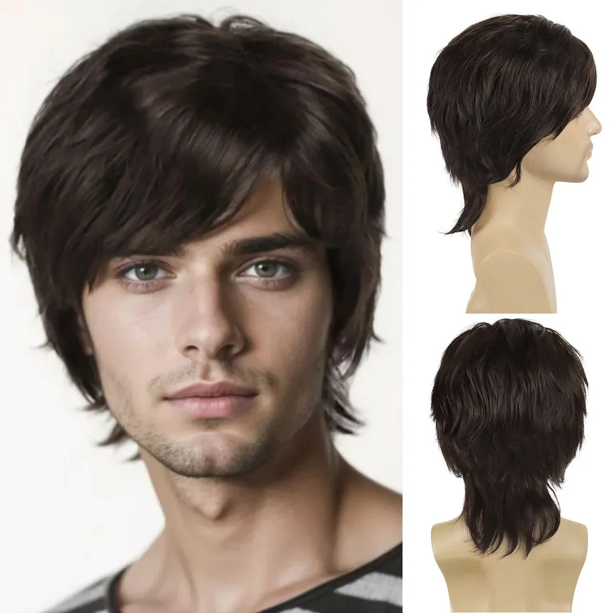 GNIMEGIL Synthetic Mullet Head Wig Natural Brown Wig for Man Boys Short Straight Wolf Tail Hair Cosplay Costume Anime Man Wig 250224
