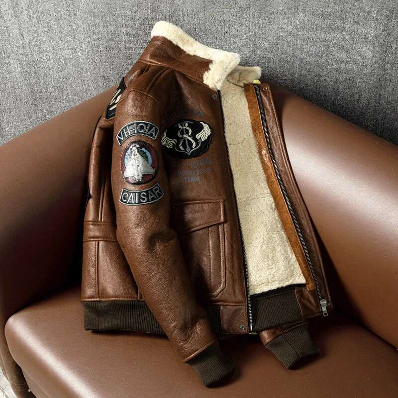 Military A2 Pilot Bomber Genuine Leather Jacket Vintage Air Force Flight Wool Collar Sheepskin Coats Winter Jackets for Men