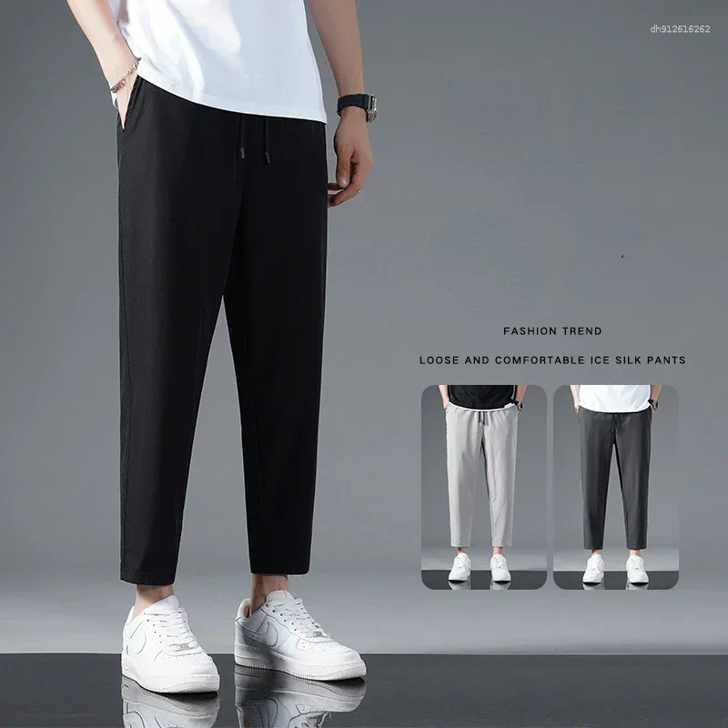 Men's Pants M-8XL Summer Ice Silk Crop Four Sided Elastic Casual Edition Trendy Loose And Quick Drying Sports Large