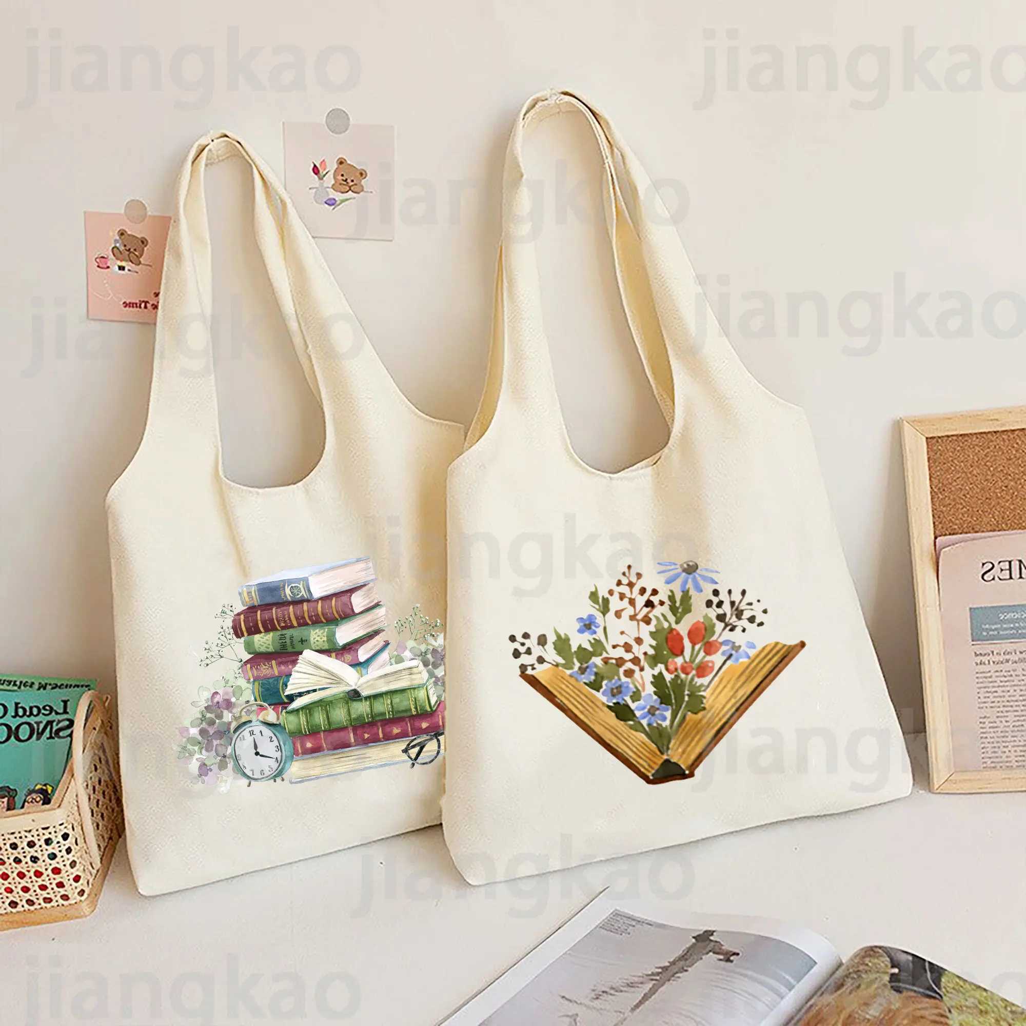 Floral Books Watercolor Tote Bag Literature Book Flower Shoulder Bags Illustration Girl Book Bag Travel Harajuku Canvas Handbag Z250224