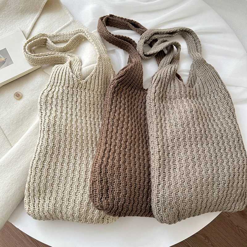 Hollow Women Shoulder Bags Retro Woven Solid Color Crochet Bag Large Capacity Shopping Tote