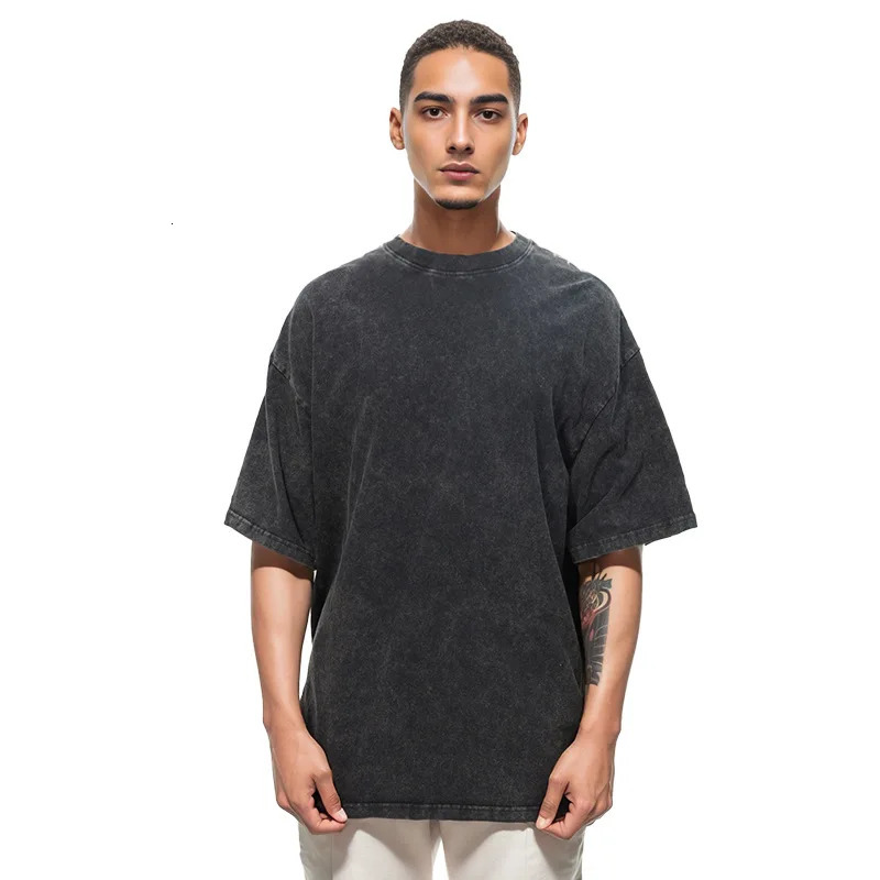 500G Heavy Pure Cotton American Retro Batik Washed Distressed T-shirt Fashion Mens Loose Couple Short Sleeve 250225