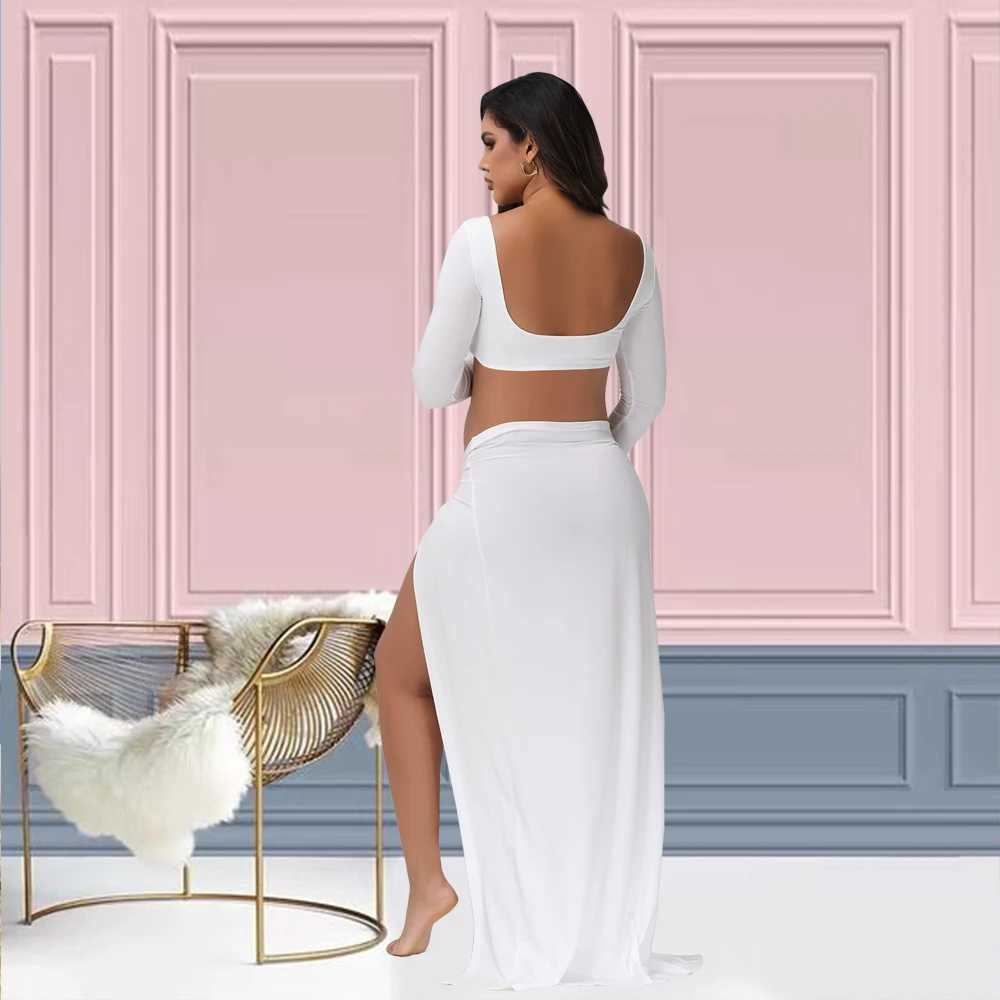 Pregnant Women Clothing Dress Maternity Cut Out Backless V Neck Rawstring Top Slit Skirt Set Baby Shower Evening Gown X250224