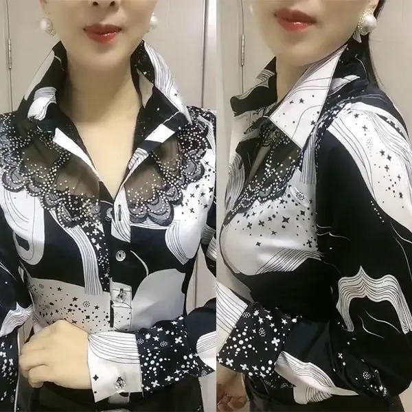 Loose Printed Long Sleeved Fashionable Elegant Chiffon Lace Shirt for Women Spring Autumn High-end Western Floral Bottom Top 250224